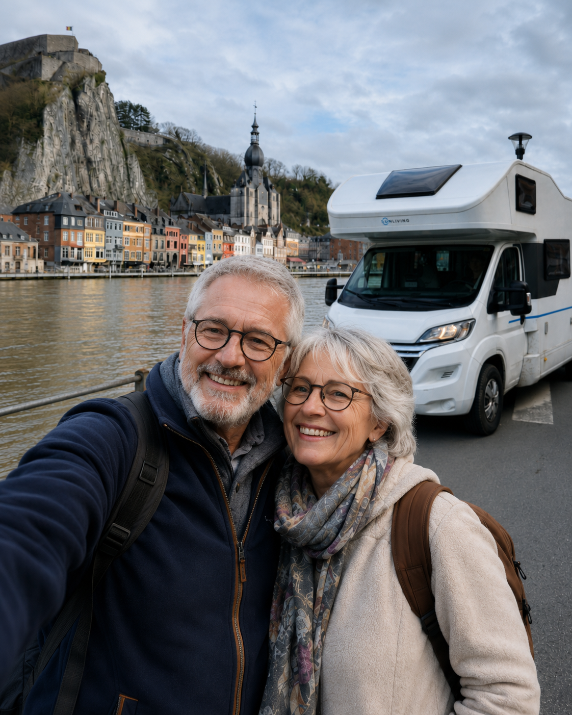 Un couple devant son camping-car au bord de la Meuse, la citadelle de Dinant en arrière-plan