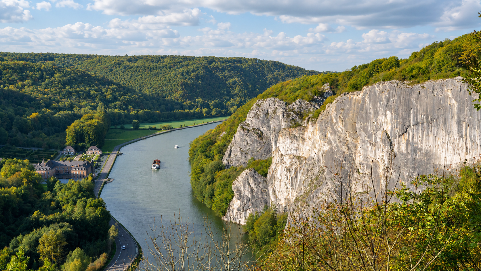 Les Rochers de Freÿr plongeant dans la Meuse, face au château et aux jardins de Freÿr