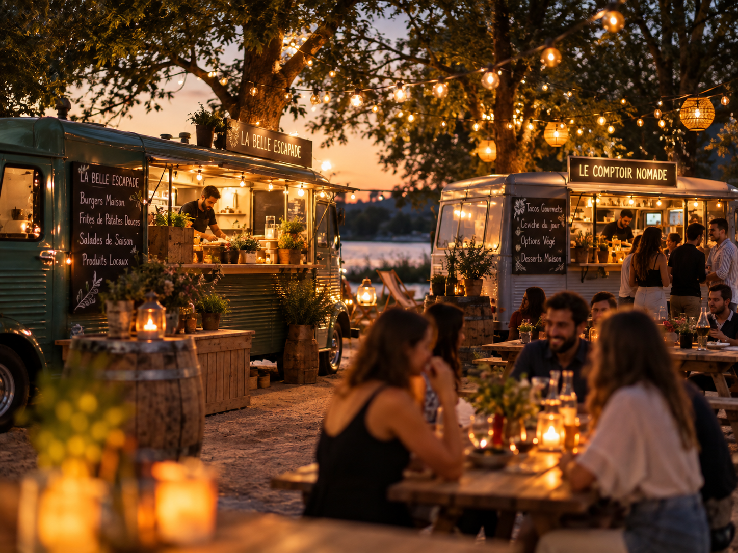 Ambiance guinguette en soirée autour de foodtrucks, tablées et guirlandes lumineuses